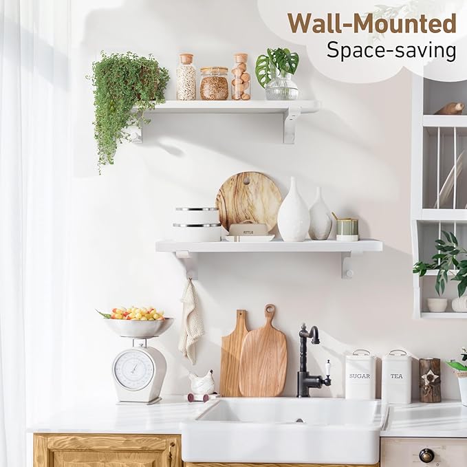 Wooden Floating Shelves for Wall, 23.6" W x 6" D x 0.8" H Large Wall Shelves, Hanging Storage Shelf with Sturdy Brackets for Living Room, Kitchen, Bathroom, Bedroom Decor, White, 2 Packs