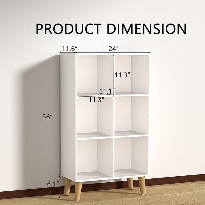 6 Cube Storage Organizer with Legs, 3 Tier Cube Low Bookcase Freestanding Storage Display Organizer for Home Office, Three-Cubes Open Shelf Short Bookshelf (White, 6 Cube Vertical)