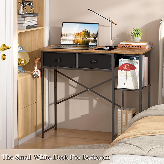 DAOUTIME Small Computer Desk, 36 Inch Writing Desk with Drawers & Storage Shelves, Home Office Writing Desk for Small Spaces, Bedroom, Living Room, Dorm, Rustic Brown