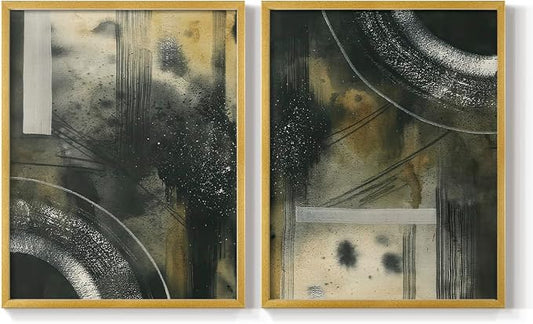 Renditions Gallery Set of 2 Peel & Stick Framed Prints, Moody Abstract Wall Art, Circular and Splattered Effects Wall Decor, Re-Stickable - Ready to Hang - 22"x28" - GOLD Frame LT588