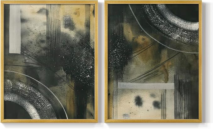 Renditions Gallery Set of 2 Peel & Stick Framed Prints, Moody Abstract Wall Art, Circular and Splattered Effects Wall Decor, Re-Stickable - Ready to Hang - 16"x20" - GOLD Frame LT588