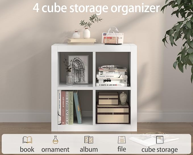 furtble Bookshelf with Storage Bin, 4-Cube Storage Organizer, Modern Wood Open Bookcase, Multifunctional Display Shelf for Living Room, Bedroom, Home Office, White