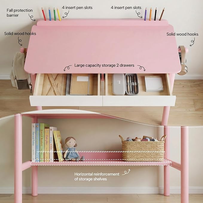 [Brand Name] Solid Wood Study Desk & Home Office Writing Table with Drawers, 47" Vintage Mid Century Modern Computer Desk, Workstation for Bedroom, Small Spaces, Apartment, Pink