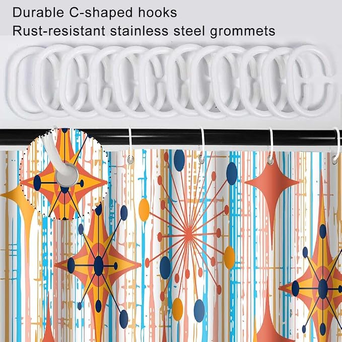 Mid Century Shower Curtain, 48x72inch, Modern Abstract Retro Colorful Striped Geometric Shower Curtain Sets 1950s Boho Bathroom Shower Curtain with 8 Hooks