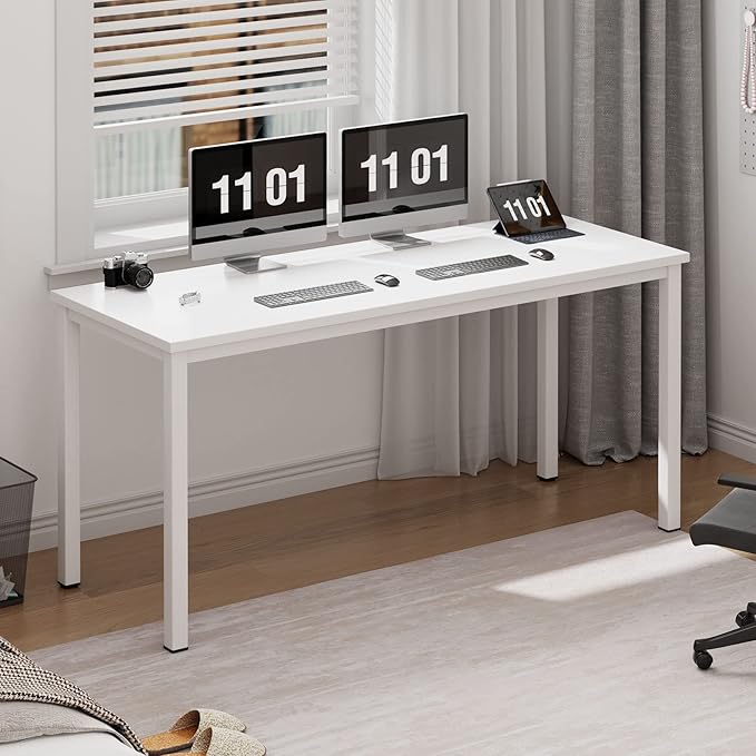 Need 63 Inch Large Computer Desk - Modern Simple Style Home Office Gaming Desk, Basic Writing Table for Study Student, Large Legroom, White Metal Frame, White