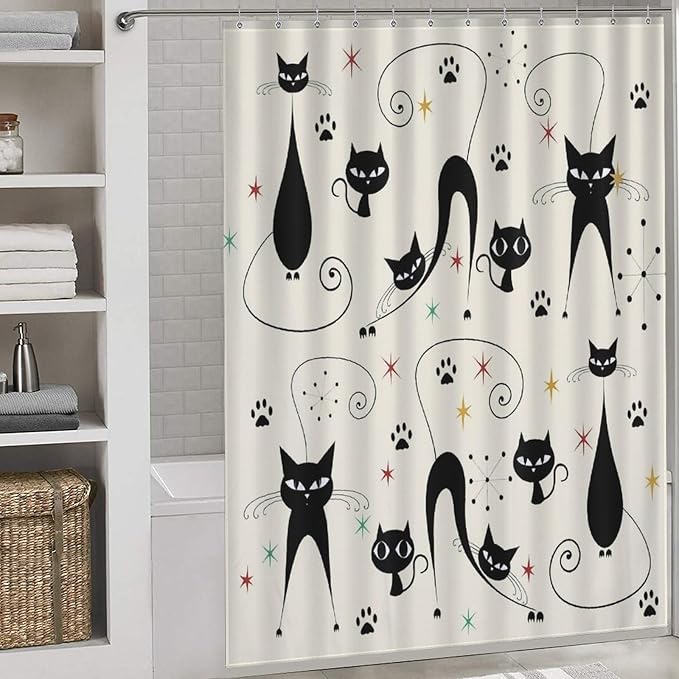 Mid Century Modern Shower Curtain,Retro Atomic Cat Star Paw Print Retro Abstract Geometric 1960s Fabric Bathroom Decor Curtains with Hooks 66x72in（168x183cm）