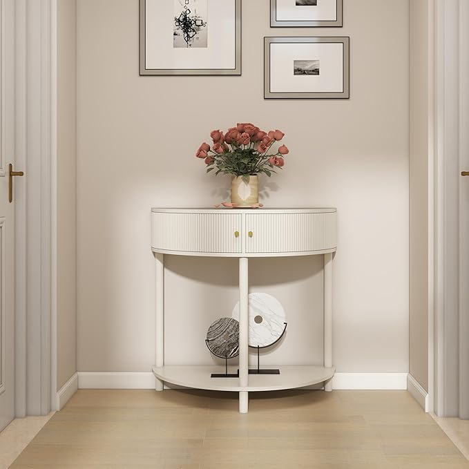 31.5'' Wood Small Console Table Retro Curved Sofa Table with 2-Door Storage Space for Living Room Entryway, Circular Half Moon Design, Cream White