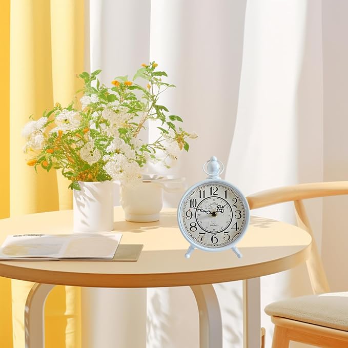 HZDHCLH Vintage Table Clock Battery Operated,Retro Mantel Clock for Living Room Fireplace Decor,Silent Metal Desk Clock,Farmhouse Shelf Clock (White)