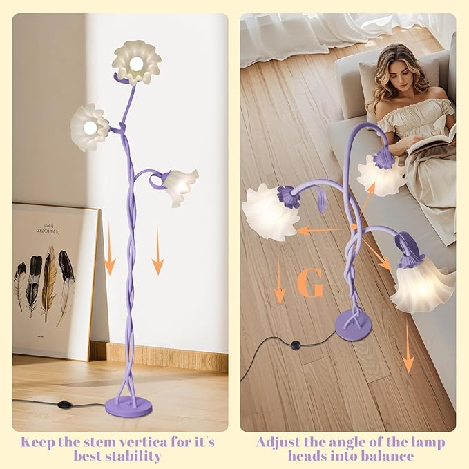 Flower Standing Lamp for Bedroom, Cute Corner Floor Lamp with Flexible Gooseneck, 3 Light Floor Reading Lamp with 3 Color Temperatures, Bulbs Included, Tall Floor Lamp for Living Room Corner(Purple)