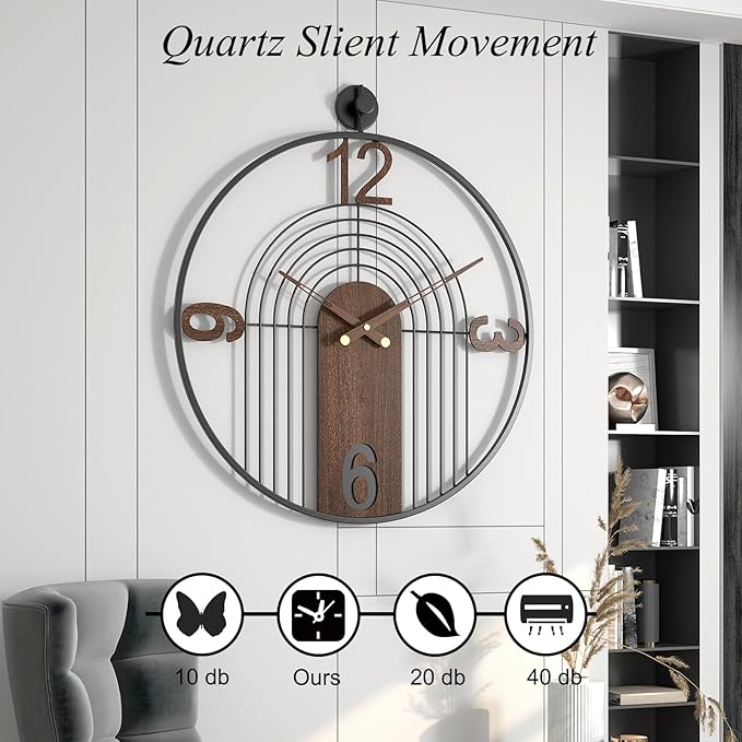 Large Modern Walnut Dial Wall Clock, Wood Metal Frame Silent Non Ticking Decoration Wall Clocks for Living Room, Bedroom, Kitchen, Study, Handmade Home Decor Gift Idea, 26.4 Inch