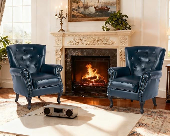 Modern Accent Chair, Mid-Century Faux Leather Armchair with Solid Wood Legs, Single Sofa Club Chair for Living Room, Bedroom, Leisure Room, Reading Room(Navy)