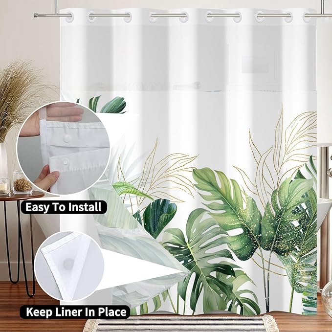No Hook Shower Curtain Tropical Palm Leaf Shower Curtain with Snap in Liner Set Modern Green Plants Jungle Bathroom Curtains Double Layers Washable 71x74 Inch