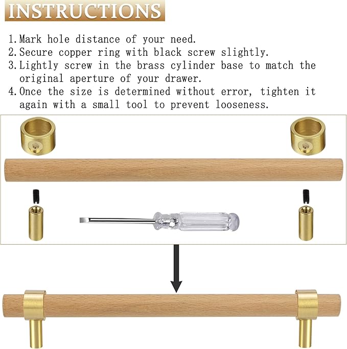 Natural Wood and Brass Kitchen Cabinet Handles 7~9.5 Inch 4Set Center to Center Adjustable Double Hole Modern Dresser Pulls, Unfinished DIY Drawer Knobs