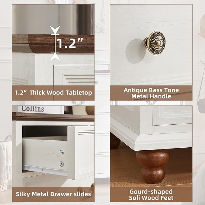 Farmhouse 6 Drawer Dresser Set of 2 for Bedroom, 42" Tall Rustic Chests of Drawers w/ 4 Solid Wood Feet, Mid Century Vintage Wooden Closet Storage Dressers Organizer for Living Room,White