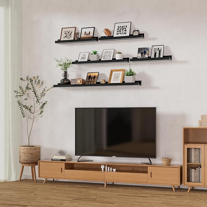 Heimlove Picture Ledge Shelf,48 inch Long Floating Shelves for Wall Set of 2,Black Picture Shelf with Lip for Wall Decor,Living Room,Bedroom,Bookshelf,Nursery,Perfume