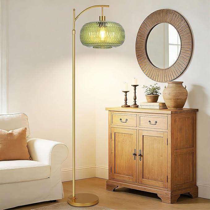 QIYIZM Green Floor Lamp for Living Room,Bedroom,Gold Dimmable Standing Lamp with Remote,Mid Century Modern Brass Tall Lamp Boho Floor Lamps Arc Stained Glass Floor Light Lamp Girls Bohemian