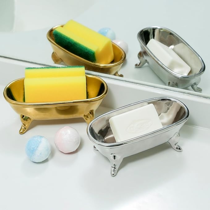 6.7" Ceramic Mini Clawfoot Bathtub Bar Soap Dish, Decorative Bar Soap Holder, Soap Tray Sponge Holder for Shower, Bathroom & Kitchen Sink (Silver)