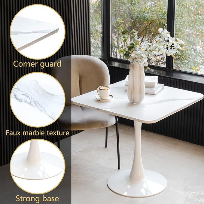 30" Square White Modern Dining Table - Faux Marble Tulip Kitchen Table with Heavy Duty Pedestal Metal Base, Mid-Century Bistro Table for Small Spaces, Apartment, Dining Room, 2-4 People