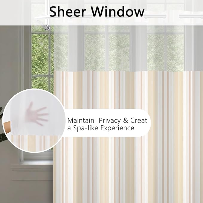 No Hook Shower Curtain with Snap in Liner, Beige Striped Shower Curtains for Minimalist Modern Bathroom, Waterproof Cloth Fabric with Mesh Top Window, 71x74 Inch
