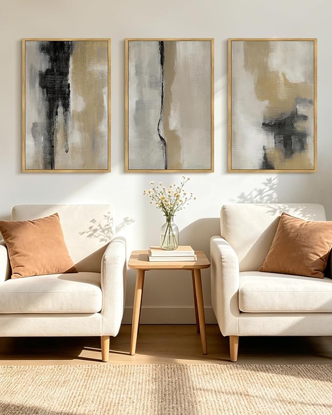 KUVIOKE Black Gray Abstract Framed Wall Art Neutral Wall Decor Minimalist Modern Illustrations Art Print for Living Room Bedroom 16x24in (Natural Framed)