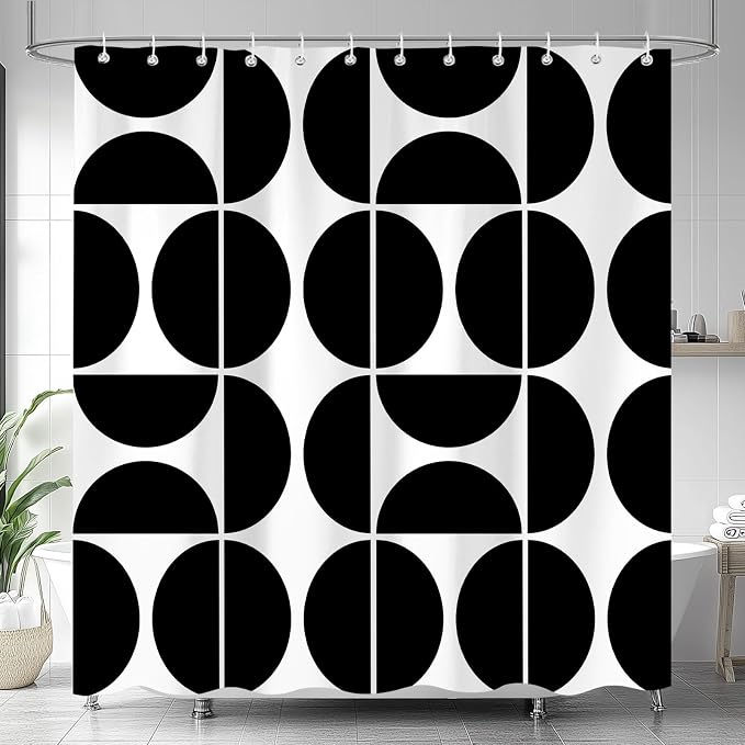 Black and White Mid Century Modern Shower Curtain, Boho Abstract Geometric Retro Art Bath Curtains For Bathroom, Colorful Unique Pattern Waterproof Polyester Fabric Bathroom Set 12 Hooks 72X78IN