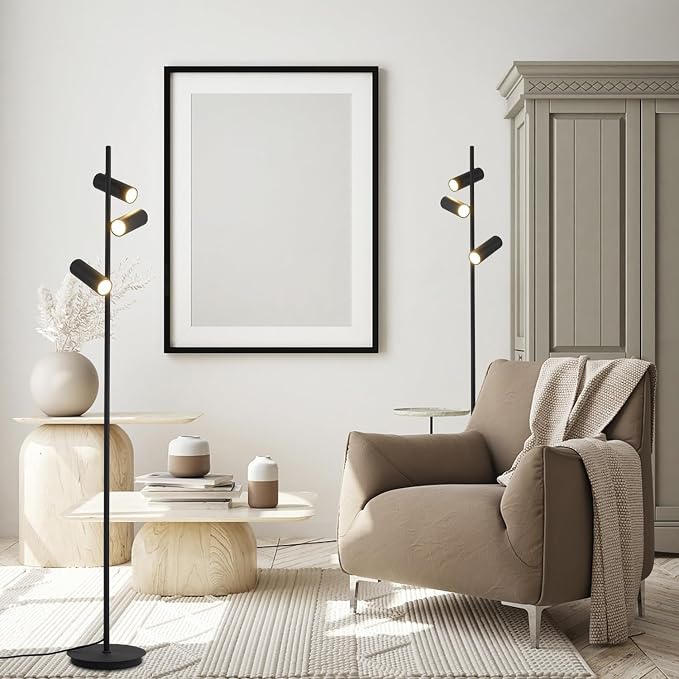 KCO Lighting Matte Black Tree Floor Lamp with 3 Adjustable Rotating Lights Mid Century Modern Bright Floor Lamps Tall Reading Lamps Floor Standing Industrial Vintage Standing Lamp