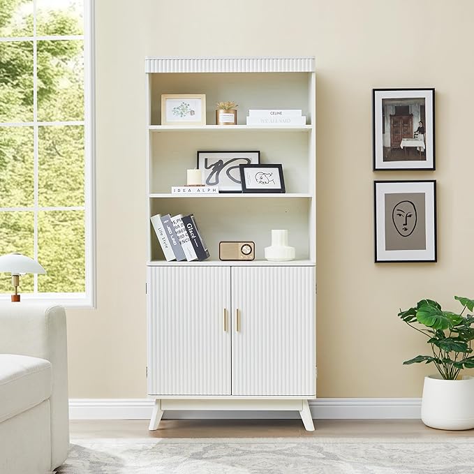 68" Fluted Tall Bookcase with Storage Cabinet,Mid-Century Modern 5-Tiers Arched Bookshelf Cabinet with Doors,Arched Bookcase with Open Display Storage Shelf for Home Office Bedroom Living Room, Beige