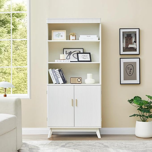 68" Fluted Tall Bookcase with Storage Cabinet,Mid-Century Modern 5-Tiers Arched Bookshelf Cabinet with Doors,Arched Bookcase with Open Display Storage Shelf for Home Office Bedroom Living Room, Beige