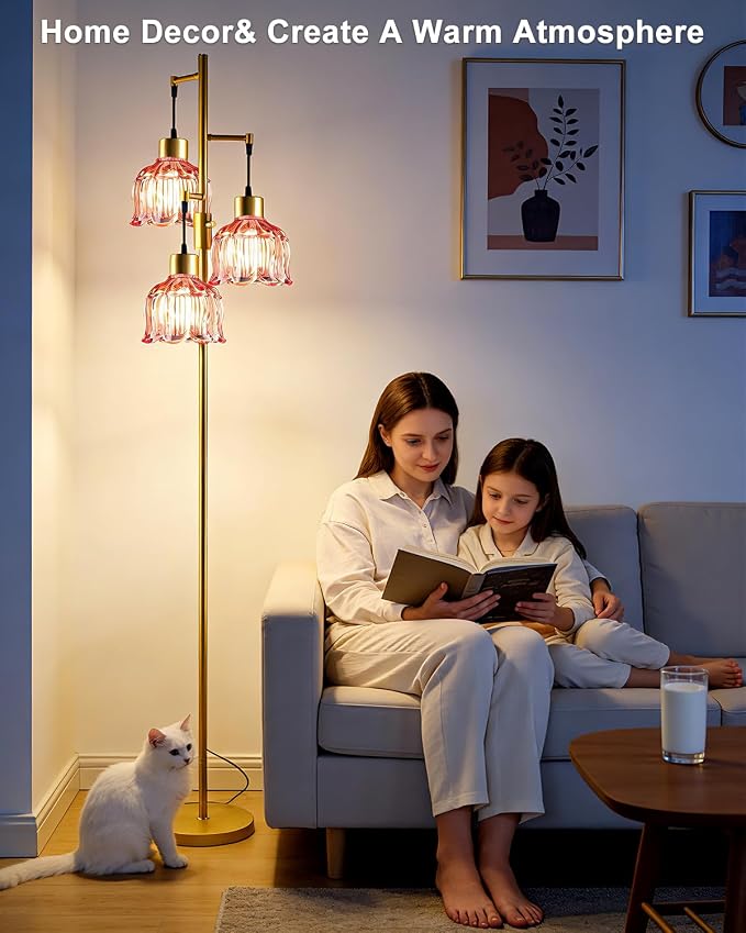 3-Light Modern Glass Floor Lamp, Gold Standing Tall Lamp with Deep Red Vertical Rib Glass Shade, Dimmable LED Floor Lamp with 5Lbs Heavy Base for Living Room Bedroom Home Decor, Bulb Included