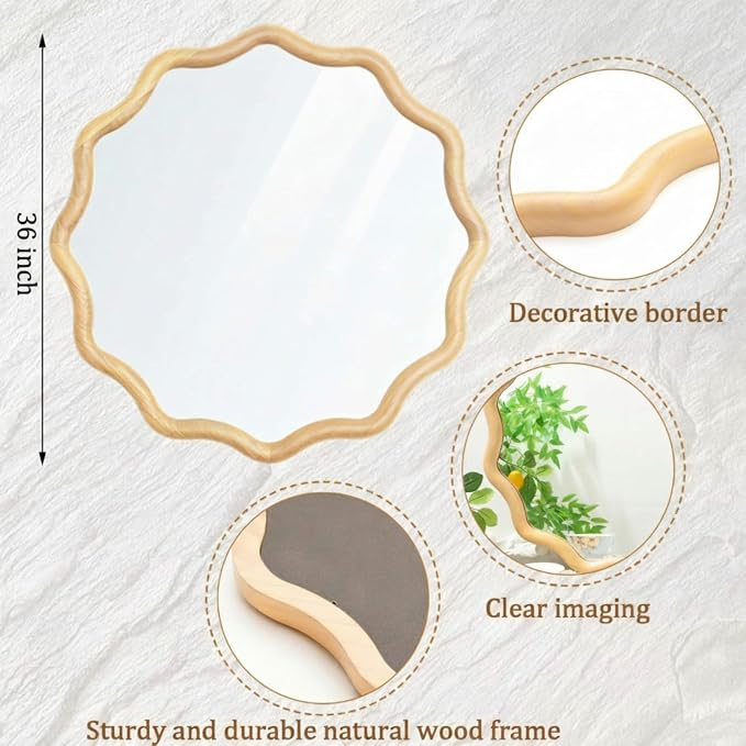 Vercraft 36 Inch Scalloped Wooden Bathroom Round Circle Mirror for Wall, Boho Wavy with Tempered Glass, Natural Frame Hanging for Bedroom, Living Room, Entryway, Farmhouse(Natural Wood Color)