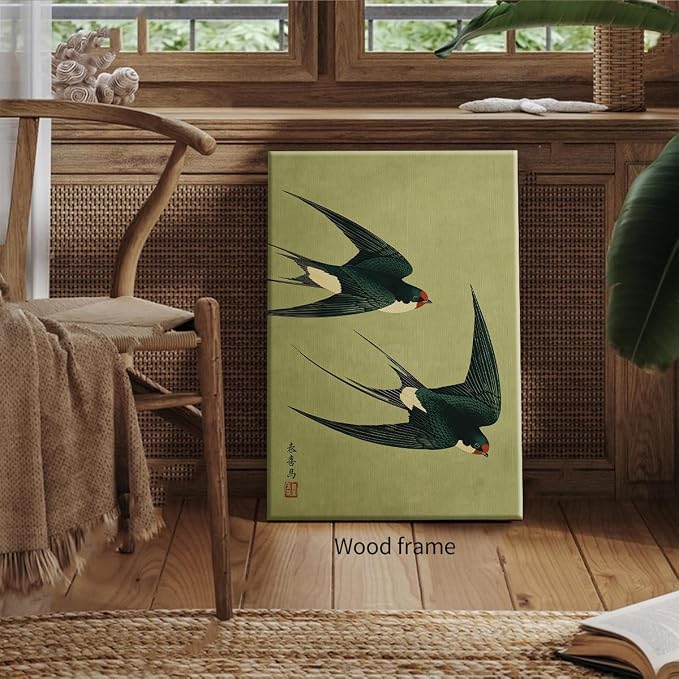 Wrapped Framed Japanese Flying Swallow Wall Art Asian Japandi Bird Animal Poster Nature Vintage Green Canvas Prints for Living Room Bedroom Home Decor 20x30 inch
