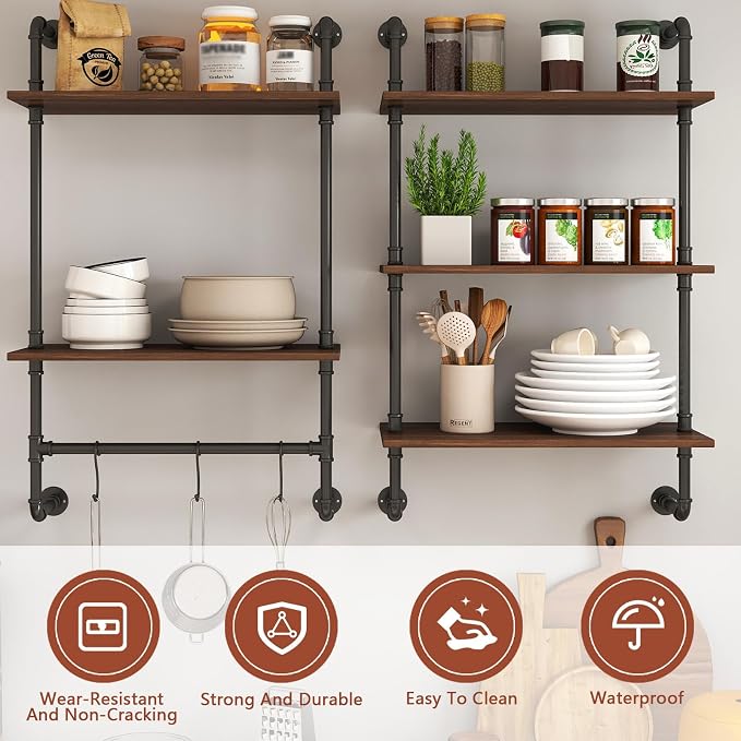 Anwick 3 Tier and 2 Tier Wood Wall Mounted Bookshelf with Metal Frame Wood Hanging Storage Bookcase, Open Storage Rack for Living Room, Home, Office, Bathroom, Bedroom and Plant Flower (Black)