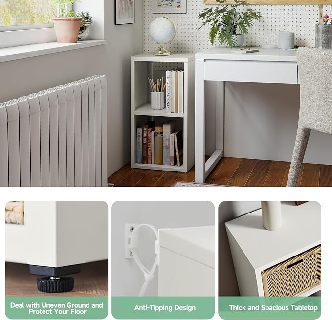 IRONMIX Metal 2 Cube Storage Organizer, Short White Bookshelf with Storage Cabinet, Narrow Nightstand, Modern Cube Storage Shelf Slim Bedside Table for Small Places, Living Room, 15 min Assembly