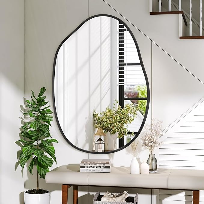 Large Irregular Wall Mirror Black Asymmetrical Bathroom Mirror Modern Decorative 26"x37.5" Aluminum Alloy Frame for Bathroom, Living Room, Entryway, Bedroom