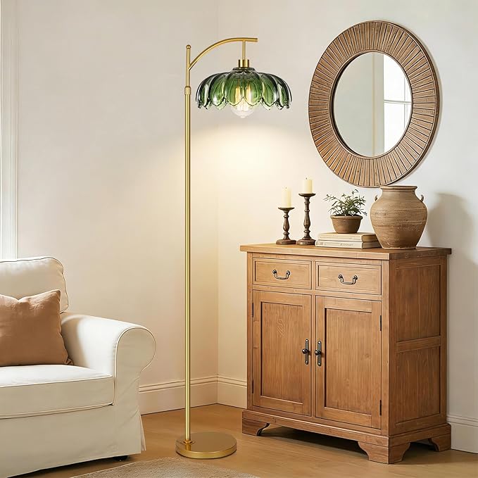 Glass Floor Lamp for Living Room,Bedroom,Mid Century Modern Standing Lamp with Remote,Dimmable Gold Tall Lamp Green Vintage Retro Arc Flower Floor Light Boho Bohemian