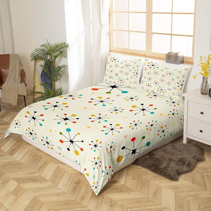 Erosebridal Modern Mid Century Bed Set Retro Atomic Duvet Cover, Rainbow Grid Bedding Set King Vintage Fifties 1950s Comforter Cover, Aesthetic Abstract Art Bed Cover Beige 3pcs (Zipper Closure)