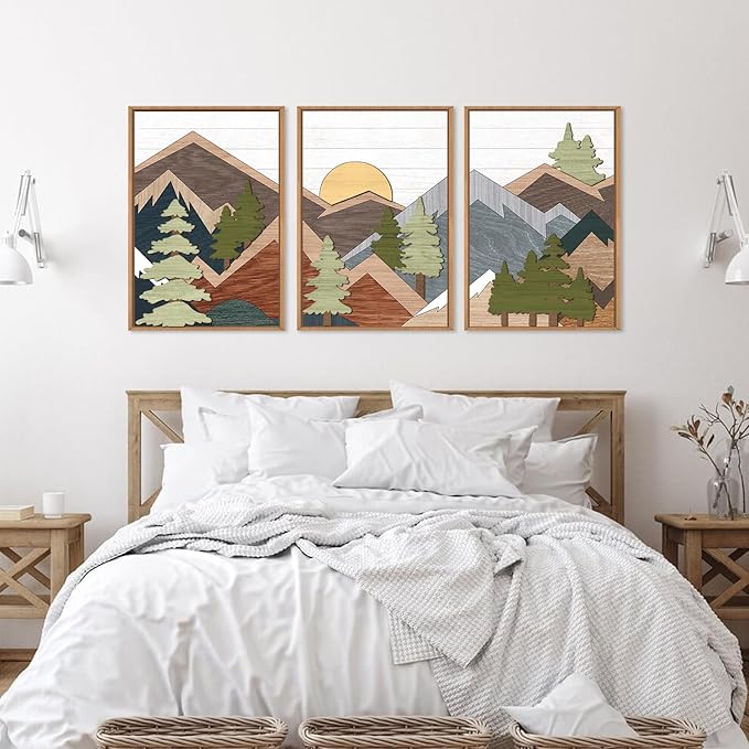 TOARTi Framed Wood Panel Mountain Forest Landscape Wall Decor (16"x24"), Vintage Nature Wilderness Woodland Wall Art, Mid Century Modern Sunrise Wooden Cut Decor for Farmhouse Bedroom Living Room