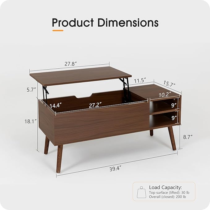 ALINE FURNITURE Walnut Brown Coffee Table Lift Top - Mid Century Modern Coffee Table with Wooden Legs, Hidden Storage Compartment & Open Shelves - 40" Wood Coffee Tables for Living Room & Small Space