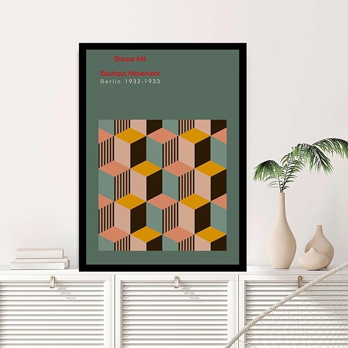 Canvas Painting Poster and Print Bauhaus Exhibition Poster Geometric Minimalist Abstract Wall Art Print Mid Century Modern Orange Sage Green Decor Modern Art Decoration for Living Room Bedroom and Office 8x12inch Solid wood