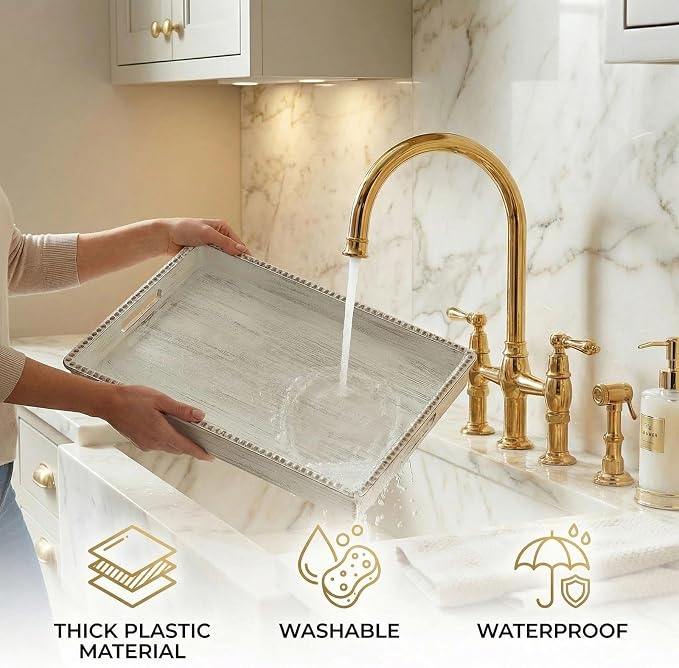 Decorative Tray, Rectangular Plastic Tray with Handles, Modern Vanity Tray and Serving Tray for Bathroom, Kitchen, Ottoman and Coffee Table, 15.6” x 10.2” (Retro White)