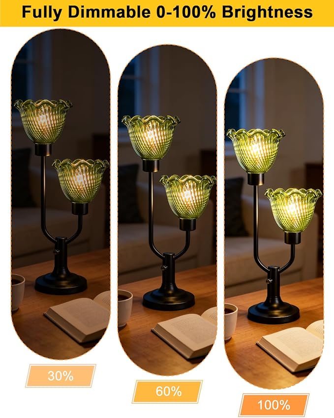 Lightdot Green Glass Flower Table Lamp for Bedroom Dimmable Mid Century Modern Vintage Desk Lamp Black Nightstand Lamp 2 Bulbs Included Warmwhite Ambient Bedside Lamp for Living Room Home Office Decor