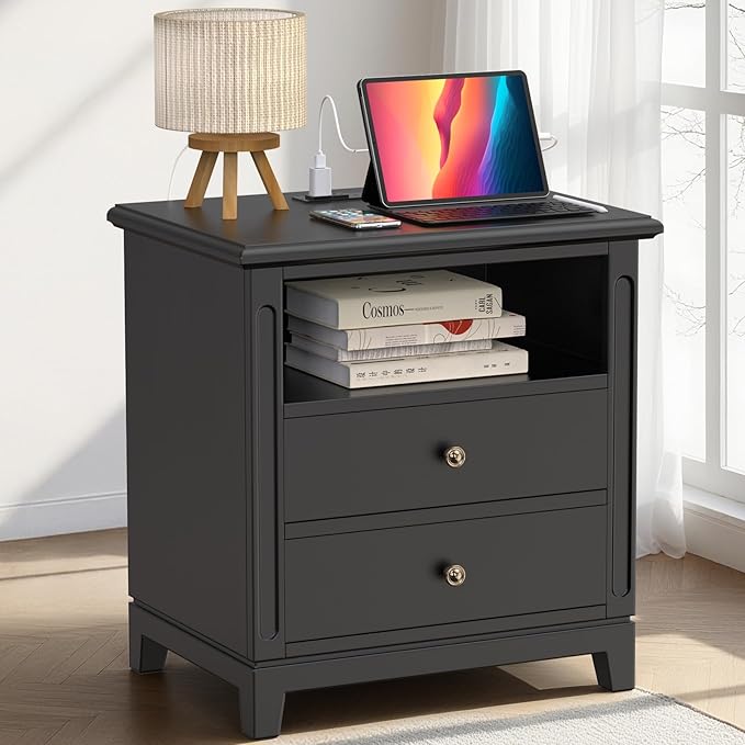 24" Wide Farmhouse Nightstand with Charging Station, Solid Wood End Table with 2 Large Drawers & Open Shelf, Bedside Table with USB Ports and Outlets, Side End Table for Bedroom