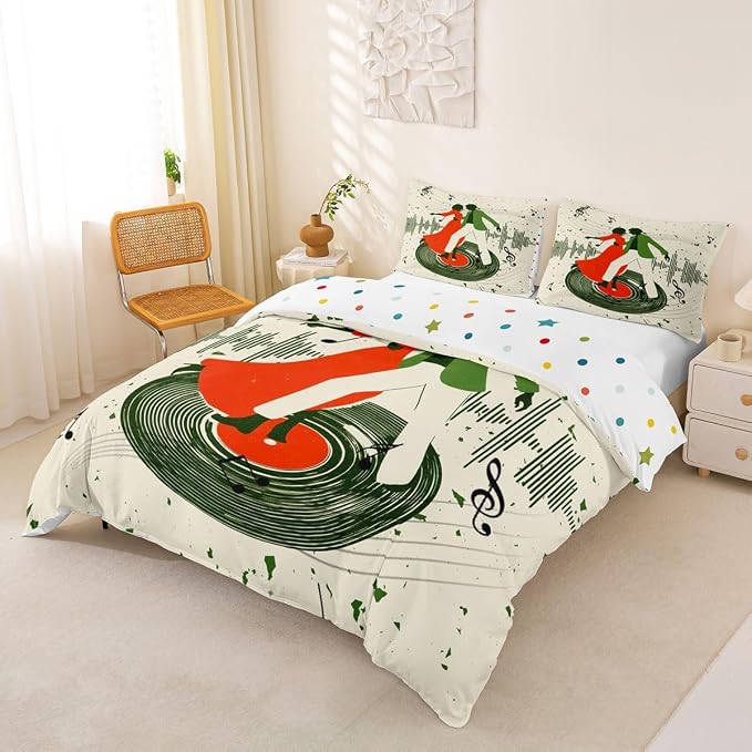 Erosebridal Retro Music Bedding Set Queen for Adults - Romantic Couple Dance Duvet Cover Vintage Vinyl Record Comforter Cover,Trendy Musical Notes Bed Set