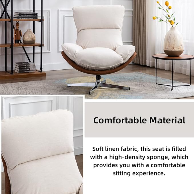 LukeAlon Linen Swivel Lounge Chairs Set of 2, Upholstered High Back Accent Chairs with Metal Base Comfy Recliner Chair Modern Single Sofa Chair for Living Room Office, Beige