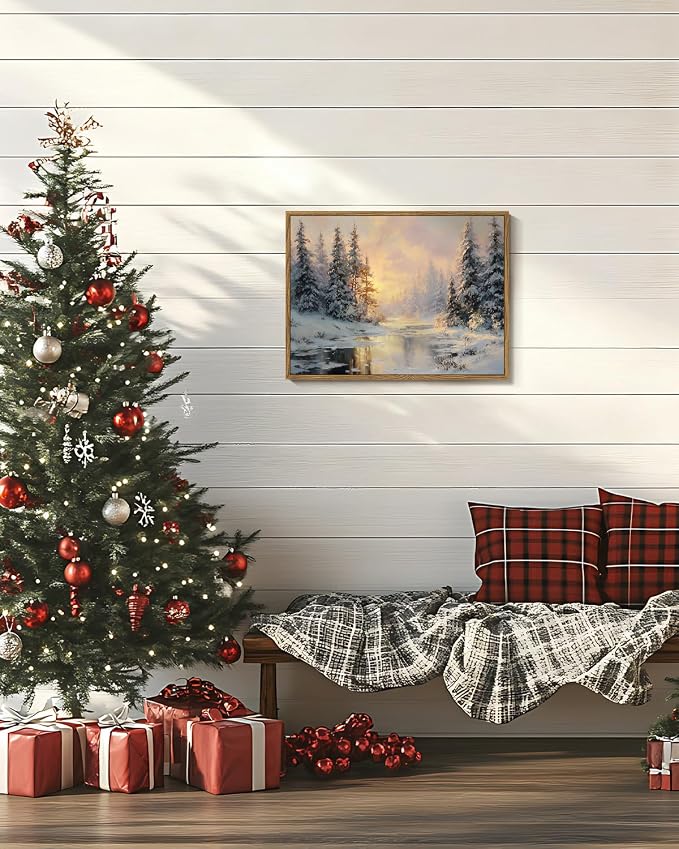 InSimSea Christmas Decor Framed Wall Art, Winter snow scene Canvas Painting, Warm and peaceful Holiday decor Unique Christmas Gifts For Table Wall Farmhouse Mantel Home Office 12L x 16W