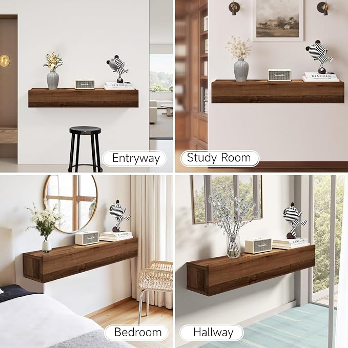 Floating Solid Wood Console Table, 39'' Wall Mounted Narrow Entryway Table with Storage Shelf, Modern Couch Shelves Small Entry Way Tables for Entryway, Front Hall, Hallway (Walnut, 39.37IN)