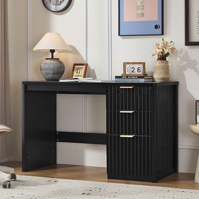 48" Modern Fluted Executive Desk with Storage Cabinet, Large Wood Home Office Desk with Golden Handles & File Drawer, Black Computer Writing Table for Office,Study, Living Room, Bedroom