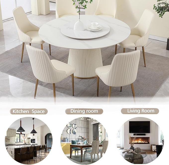 Leavader 9PCS Round Dining Table Set, Marble White Modern Dining Table, 59" D Sintered Stone Dining Table for 8 with Lazy Susan, Circle Kitchen Table and Chairs Set for Dining Room Table
