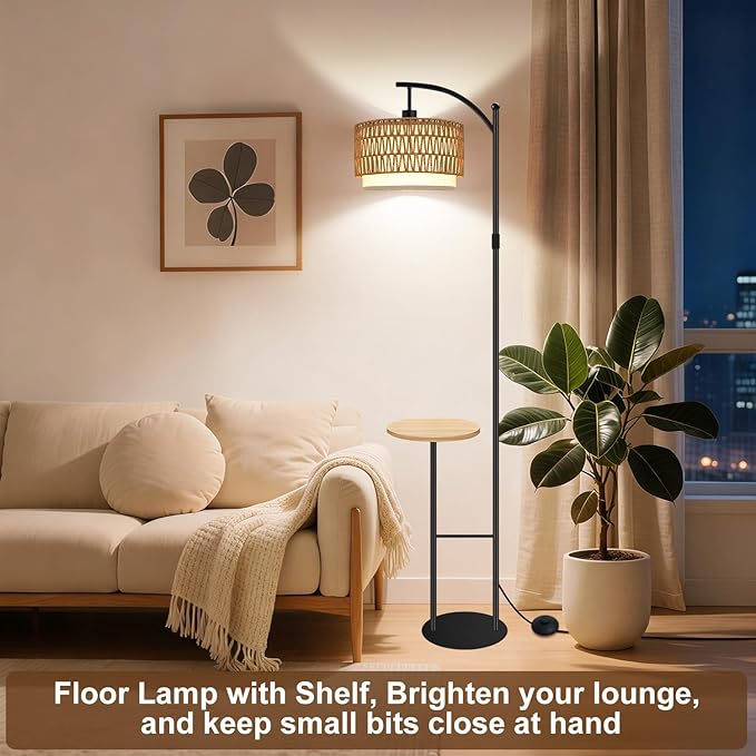 Vinaco Rattan Boho Floor Lamp with Table, Dimmable Floor Lamp with Remote Control Foot Switch, Wicker Tall Lamps 3 Color Temperatures, Adjustable Height Standing Lamps for Living Room Bedroom Office