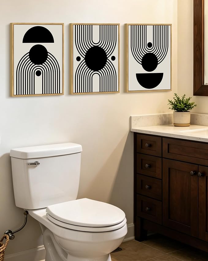 KUVIOKE Black Abstract Framed Wall Art Minimalist Geometry Lines Painting Artwork for Living Room Bedroom 12x16in (Natural Framed)